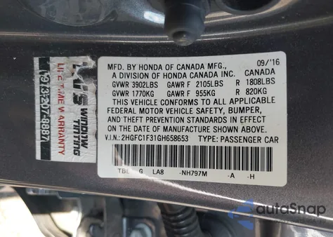 2016 Honda Civic Ex-T из США, поврежденный, VIN 2HGFC1F31GH658653